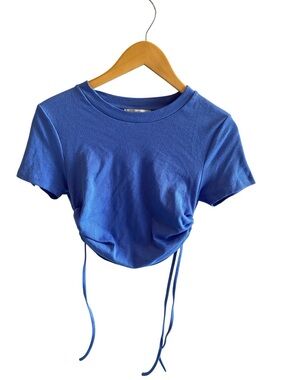 PIGALLE Blue Ribbed Side Ruched Tie Tee Shirt